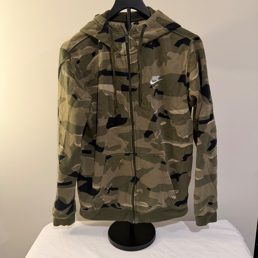 Nike Mens Camo Full Zip Hoodie Green Camouflage Fleece Sweatshirt Sportswear